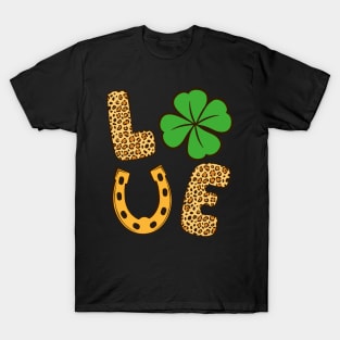 Lucky Shamrock Clover Love St Patricks Day Leopard Print Gift T-Shirt